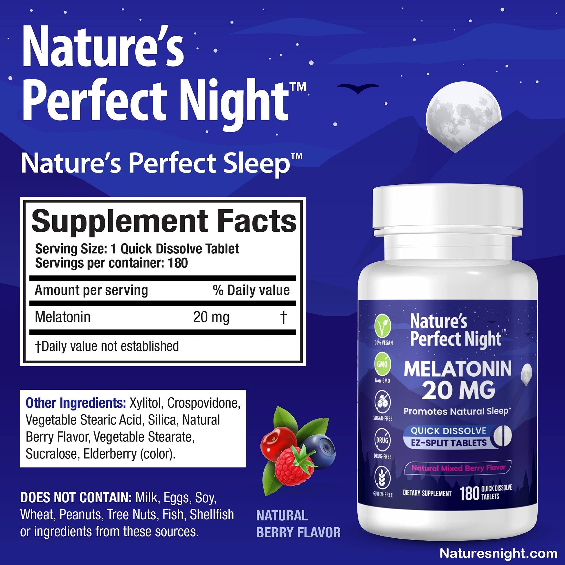 Nature's Perfect Night | Melatonin 20mg | 180 Quick Dissolve Tablets | Natural Mixed Berry Flavor |High Potency | Sugar Free - Maple Wellness Supplements