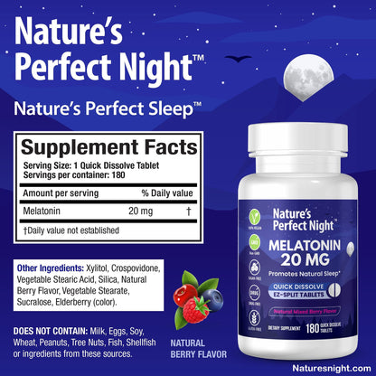 Nature's Perfect Night | Melatonin 20mg | 180 Quick Dissolve Tablets | Natural Mixed Berry Flavor |High Potency | Sugar Free - Maple Wellness Supplements