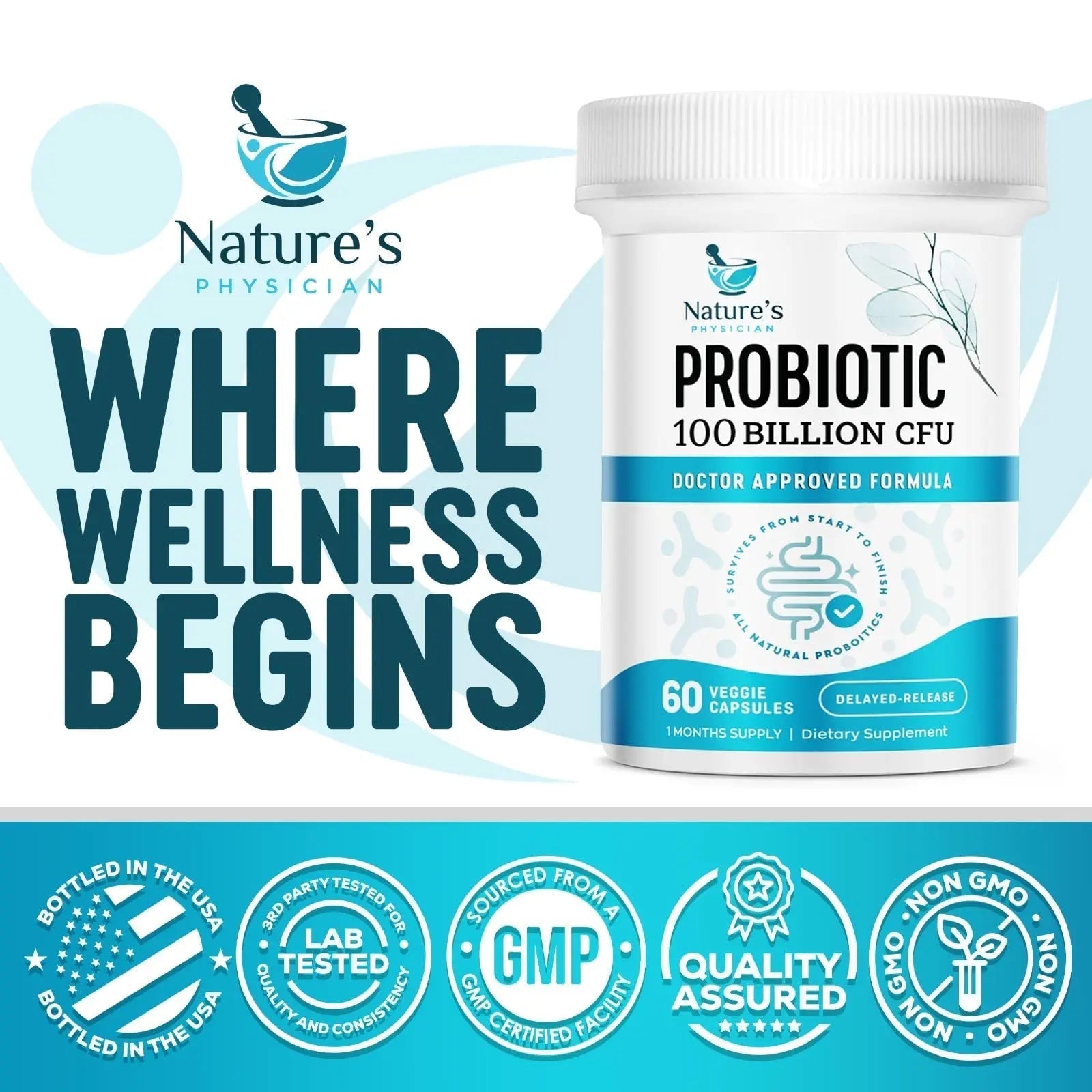 Nature's Physician Probiotics - 100 Billion CFU - 16 Strains + Prebiotics - Best Probiotic Supplement for Women & Men - Supports Immune, Digestive Health, Occasional Constipation & Gas - 60 Capsules - Maple Wellness Supplements