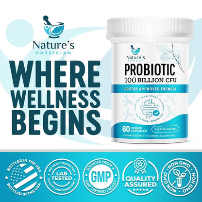 Nature's Physician Probiotics - 100 Billion CFU - 16 Strains + Prebiotics - Best Probiotic Supplement for Women & Men - Supports Immune, Digestive Health, Occasional Constipation & Gas - 60 Capsules - Maple Wellness Supplements