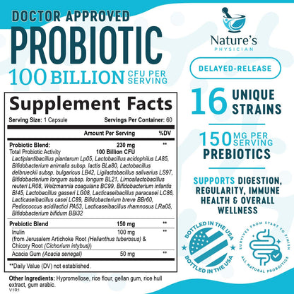 Nature's Physician Probiotics - 100 Billion CFU Per Capsule - 16 Strains + Prebiotics - Best Probiotic Supplement for Women & Men - Supports Immune, - Maple Wellness Supplements