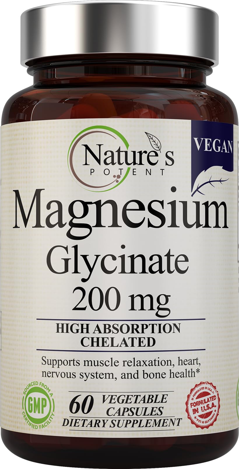 Nature’s Potent Magnesium Glycinate 200mg | High Absorption Chelated Magnesium | Sleep, Calm & Muscle Cramp Support | Vegan Supplement | 60 Capsules - Maple Wellness Supplements