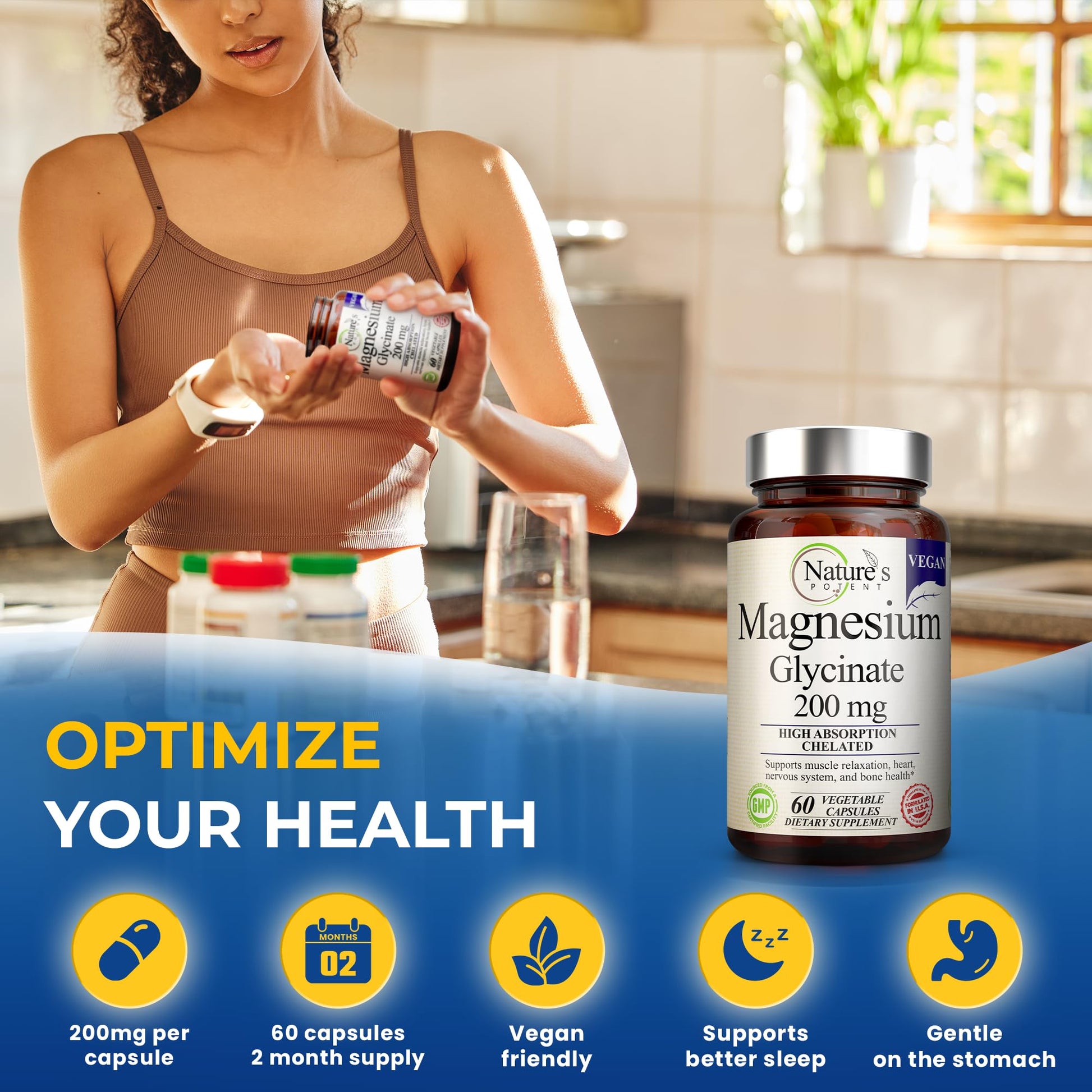Nature’s Potent Magnesium Glycinate 200mg | High Absorption Chelated Magnesium | Sleep, Calm & Muscle Cramp Support | Vegan Supplement | 60 Capsules - Maple Wellness Supplements