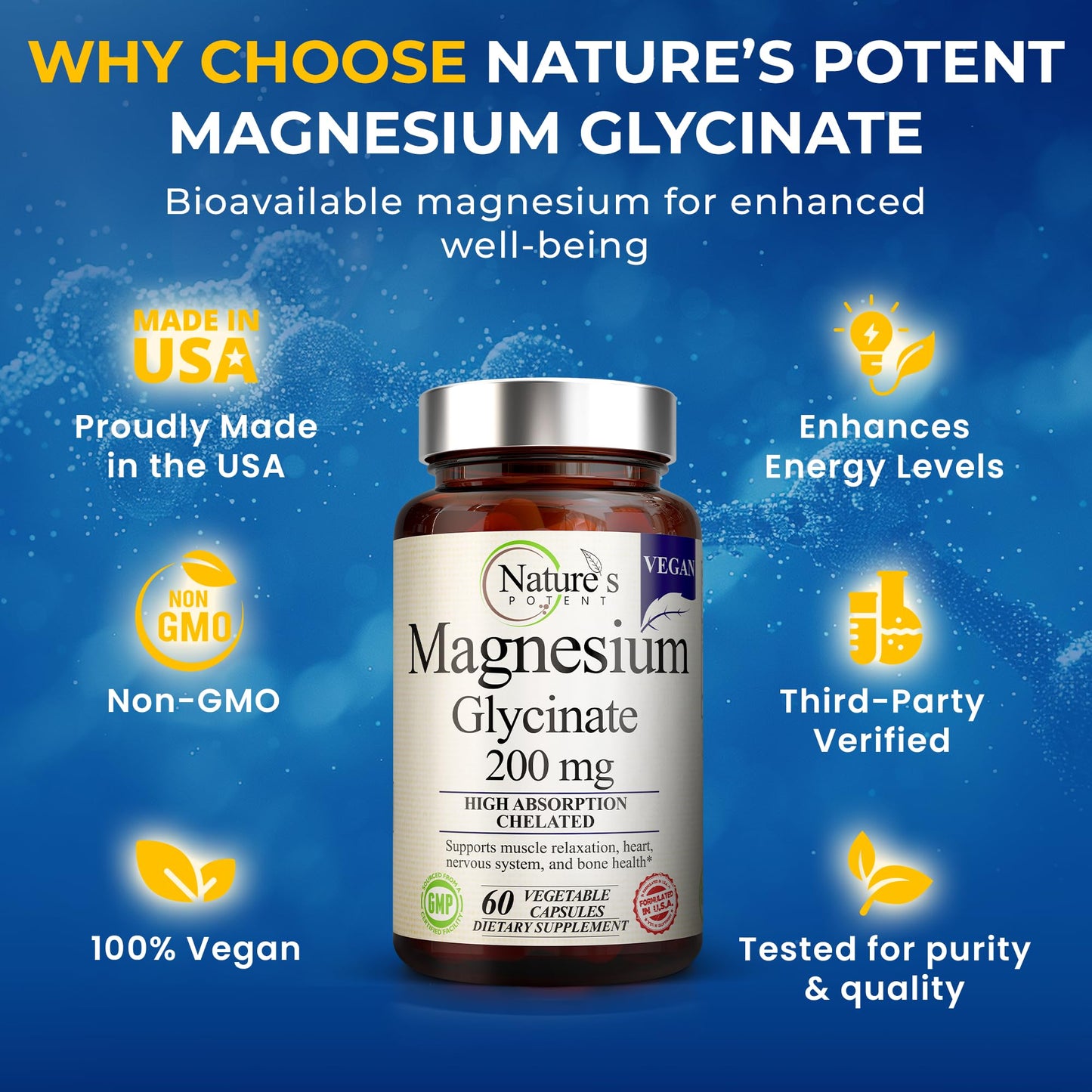 Nature’s Potent Magnesium Glycinate 200mg | High Absorption Chelated Magnesium | Sleep, Calm & Muscle Cramp Support | Vegan Supplement | 60 Capsules - Maple Wellness Supplements