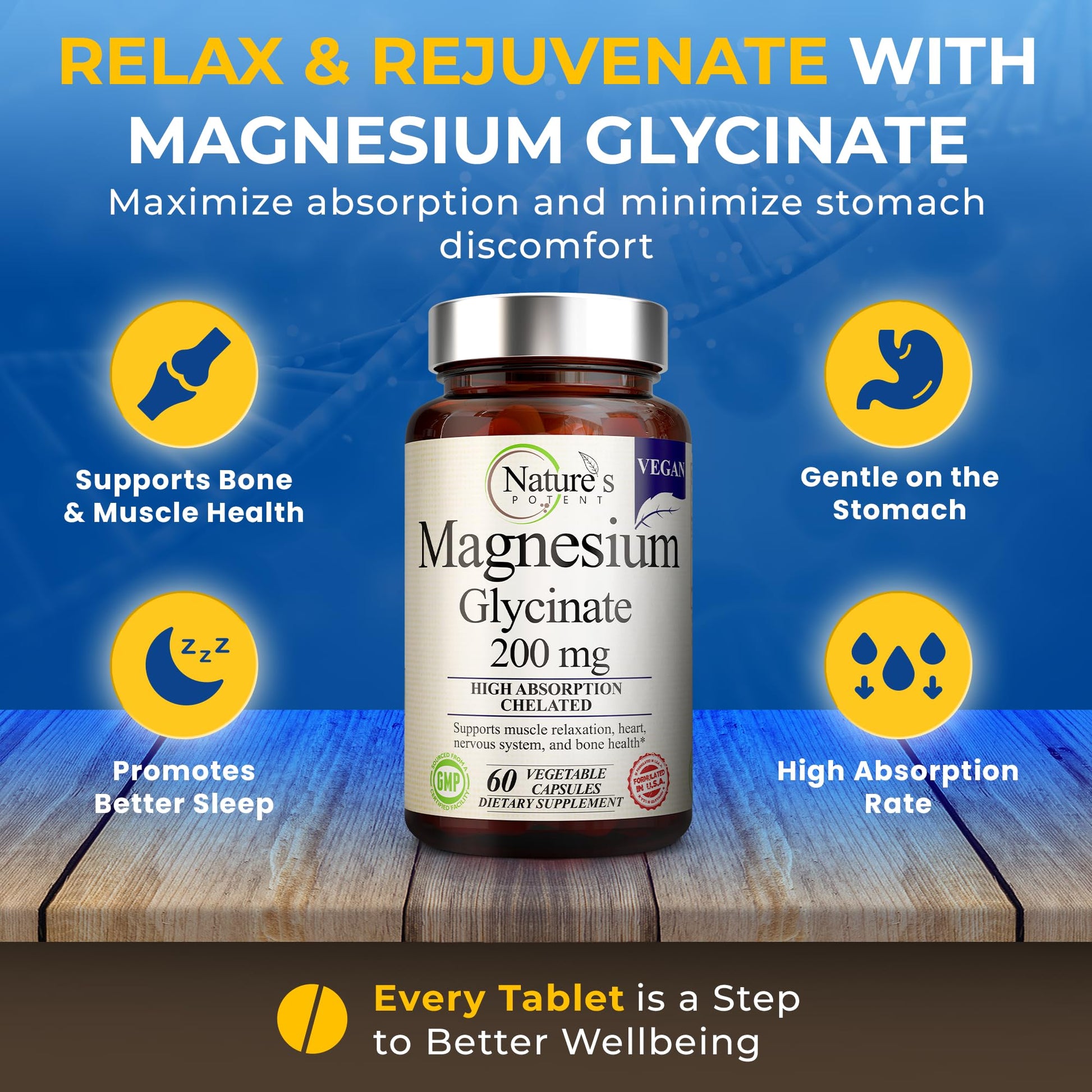 Nature’s Potent Magnesium Glycinate 200mg | High Absorption Chelated Magnesium | Sleep, Calm & Muscle Cramp Support | Vegan Supplement | 60 Capsules - Maple Wellness Supplements