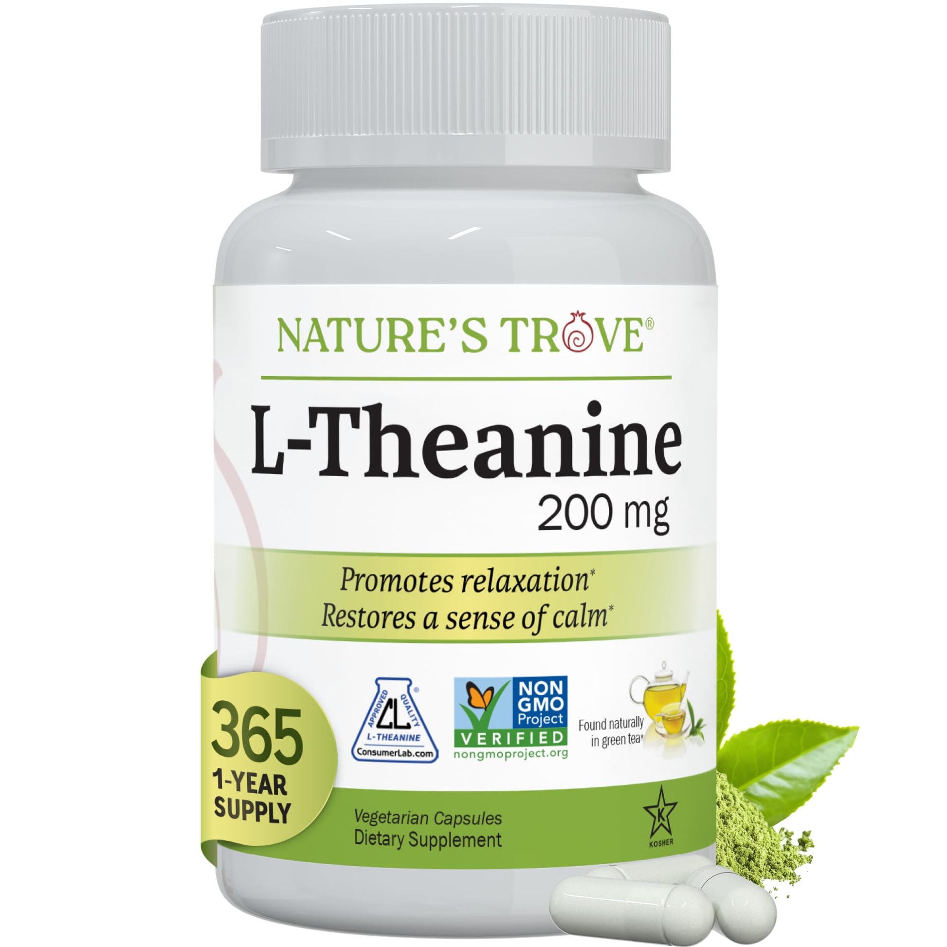 Nature's Trove L-Theanine 200mg Super Value Size - 365 Vegetarian Capsules - Maple Wellness Supplements