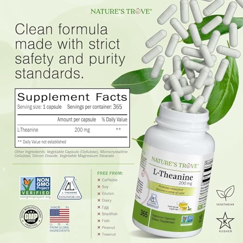 Nature's Trove L-Theanine 200mg Super Value Size - 365 Vegetarian Capsules - Maple Wellness Supplements
