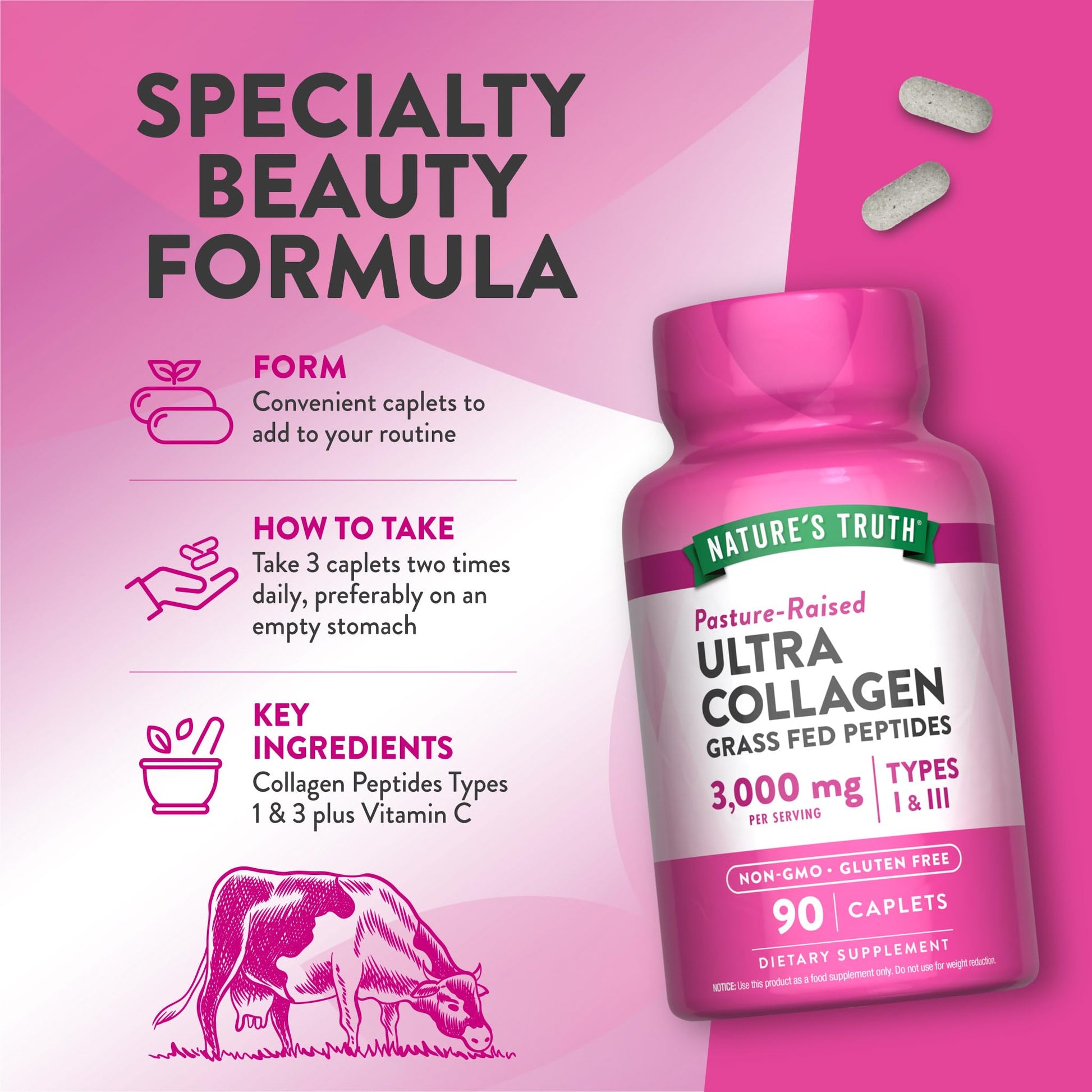 Nature's Truth Collagen Peptides | 90 Caplets | Type 1 and 3 with Vitamin C | Grass Fed, Non-GMO & Gluten Free Supplement - Maple Wellness Supplements
