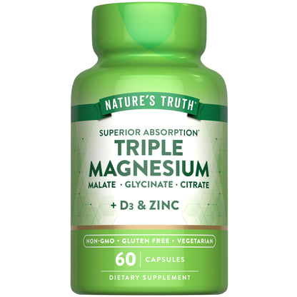 Nature's Truth Triple Magnesium Complex Supplement | 60 Capsules | Glycinate, Citrate & Malate | with D3 & Zinc | Vegetarian, Non-GMO, & Gluten Free - Maple Wellness Supplements