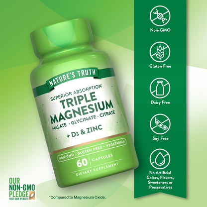 Nature's Truth Triple Magnesium Complex Supplement | 60 Capsules | Glycinate, Citrate & Malate | with D3 & Zinc | Vegetarian, Non-GMO, & Gluten Free - Maple Wellness Supplements