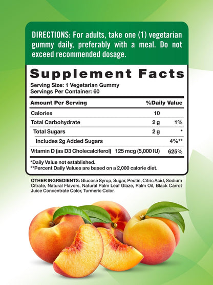 Nature's Truth Vitamin D3 Gummies | 5000 IU | 60 Count | Peach Flavor | Vegetarian, Non-GMO & Gluten Free Supplement - Maple Wellness Supplements