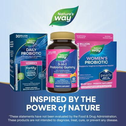 Nature’s Way 3-in-1 Women’s Probiotic Gummies, Reduces Occasional Bloating*, Supports Digestive & Vaginal Health*, Clinically Studied Probiotic Strain, Gluten Free, Orange Flavored, 60 Gummies - Maple Wellness Supplements