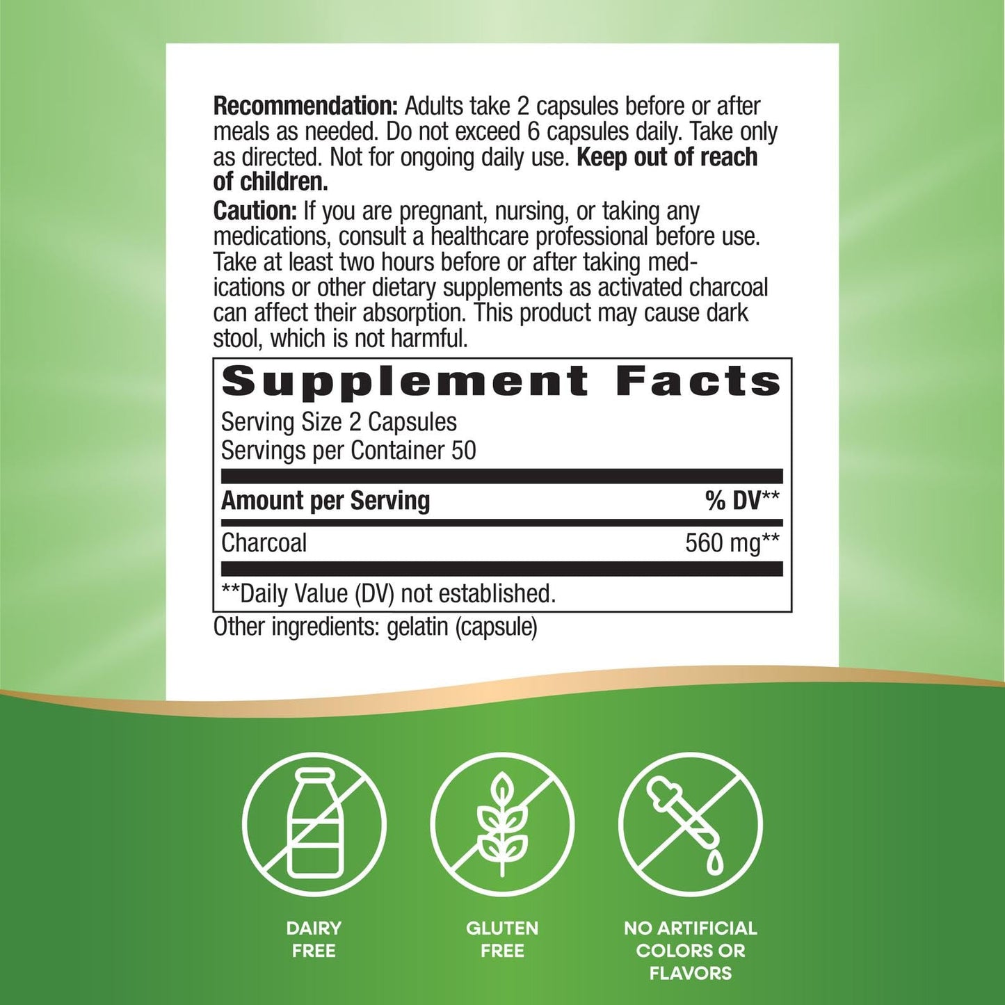 Nature's Way Activated Charcoal, Binds Unwanted Materials and Gas in the Digestive Tract*, 560 mg per 2-Capsule Serving, - Maple Wellness Supplements