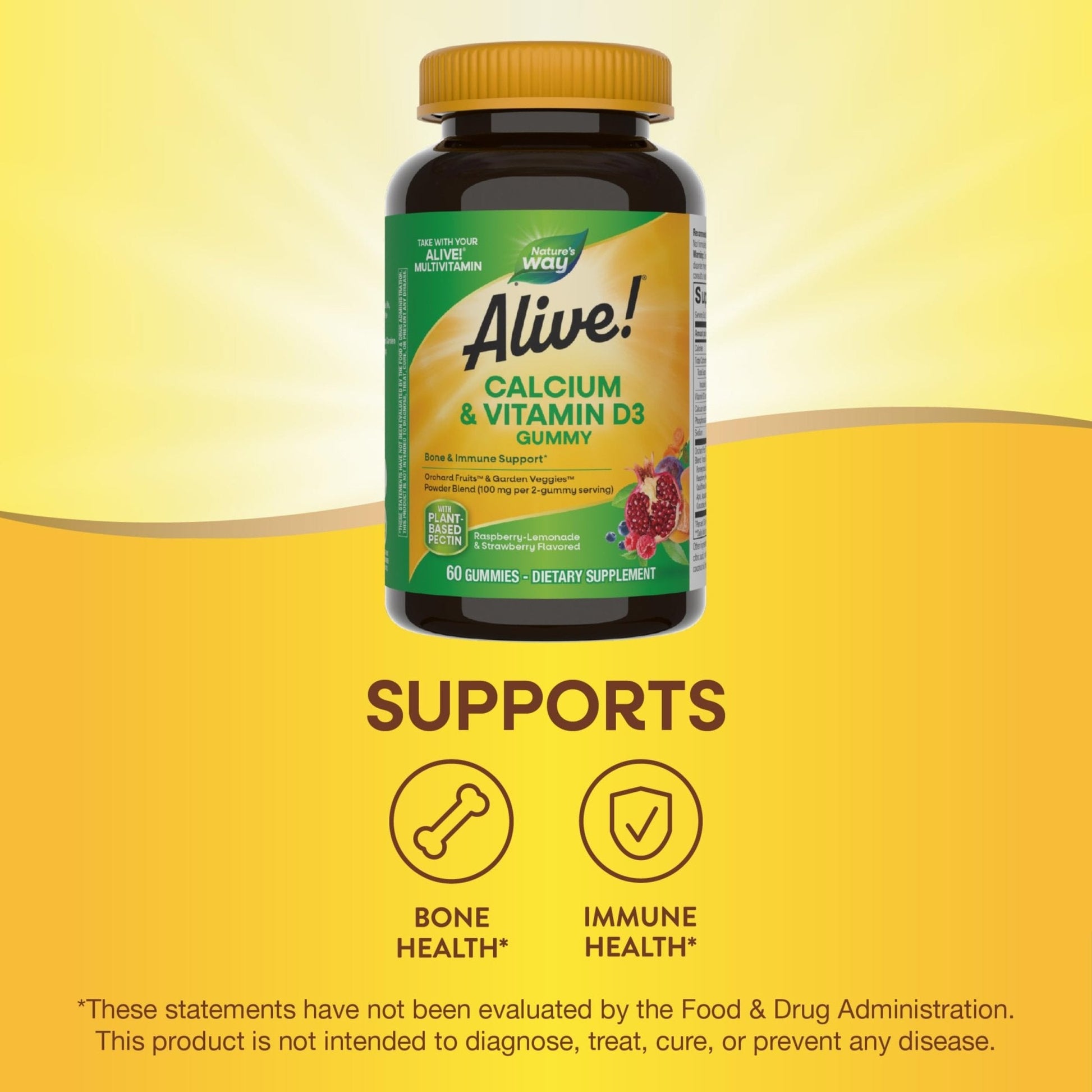 Nature’s Way Alive! Chewable Calcium Gummies with Vitamin D3, Daily Supplement Supports Healthy Bones and Teeth, and Muscle Function*, Strawberry and Raspberry - Maple Wellness Supplements