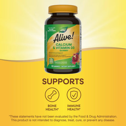 Nature’s Way Alive! Chewable Calcium Gummies with Vitamin D3, Daily Supplement Supports Healthy Bones and Teeth, and Muscle Function*, Strawberry and Raspberry - Maple Wellness Supplements
