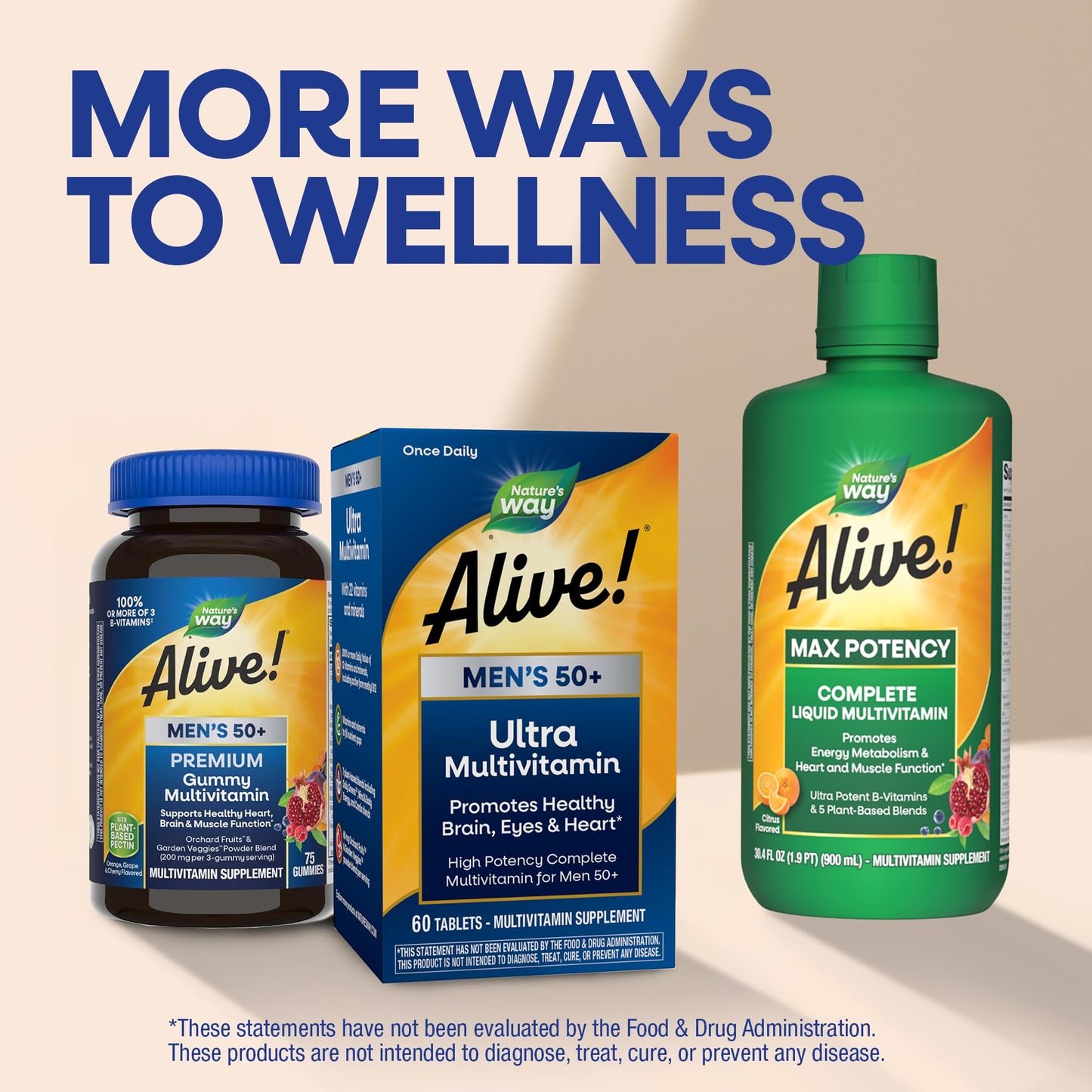 Nature's Way Alive! Men’s 50+ Daily Ultra Multivitamin, High Potency Formula, Supports Healthy Brain, Eyes & Heart*, with Methylated B12 - Maple Wellness Supplements