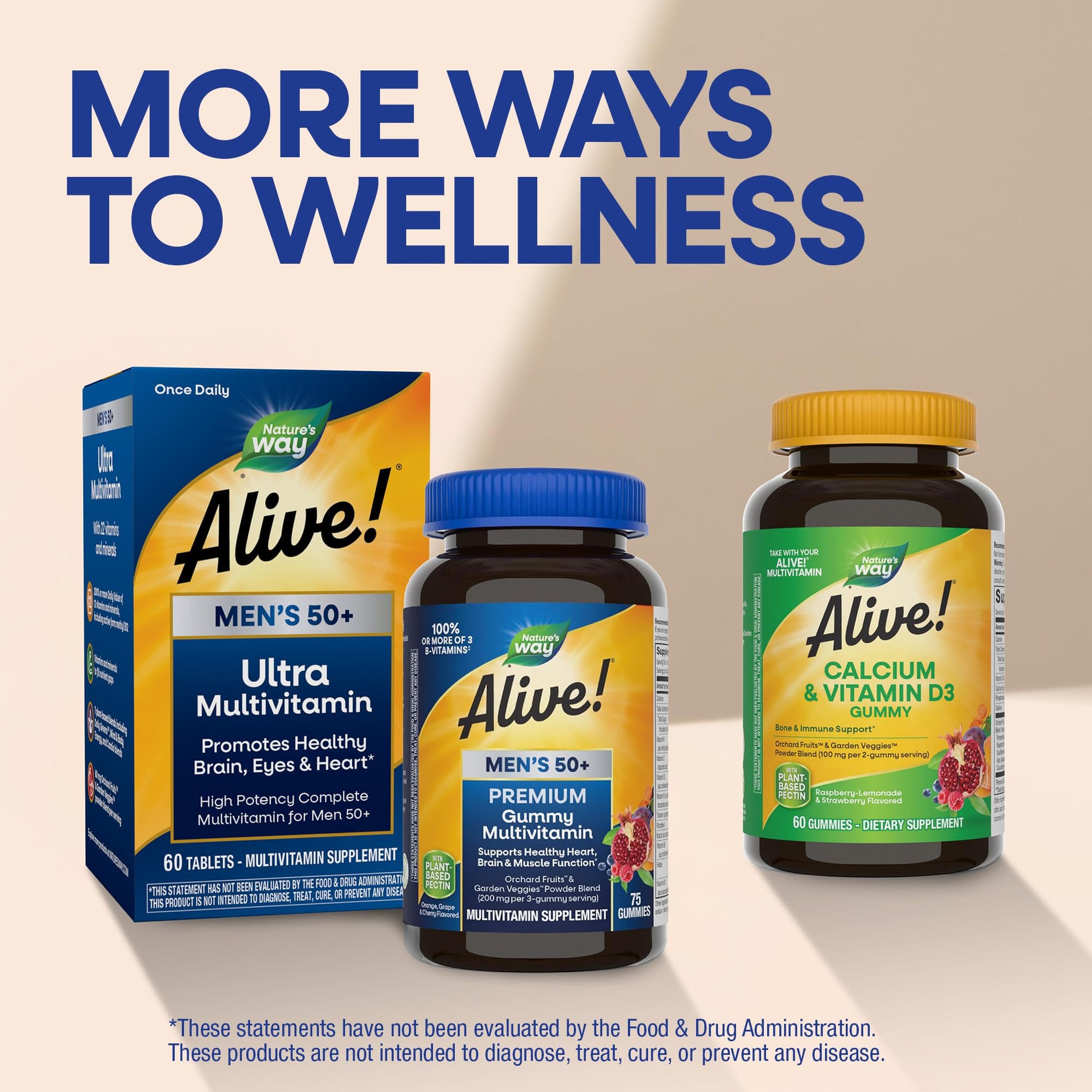 Nature’s Way Alive! Men’s 50 Plus Premium Gummy Multivitamin, Supports Healthy Heart, Brain & Muscle Function with High Potency B-Vitamins, Vitamin A, C, D3 - Maple Wellness Supplements