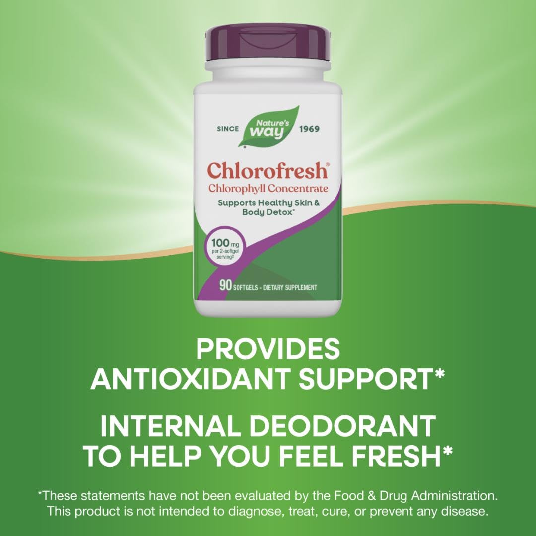 Nature’s Way Chlorofresh Chlorophyll Concentrate Softgels, Chlorophyllin Copper Complex, Internal Deodorant Supplement, Supports Healthy Skin and Detox Pathways - Maple Wellness Supplements