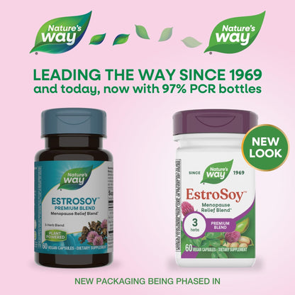 Nature's Way EstroSoy, Menopause Relief Blend*, Helps Relieve Menopausal Symptoms*, Black Cohosh, Fermented Soy Extracts, Red Clover, 60 Vegan Capsules (Packaging May Vary) - Maple Wellness Supplements