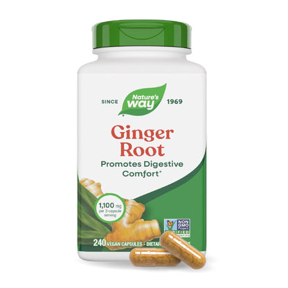 Nature’s Way Ginger Root Capsules, 1100 mg per 2-Capsule Serving Ginger Supplement for Digestive Comfort and Motion-Related Nausea Support - Maple Wellness Supplements