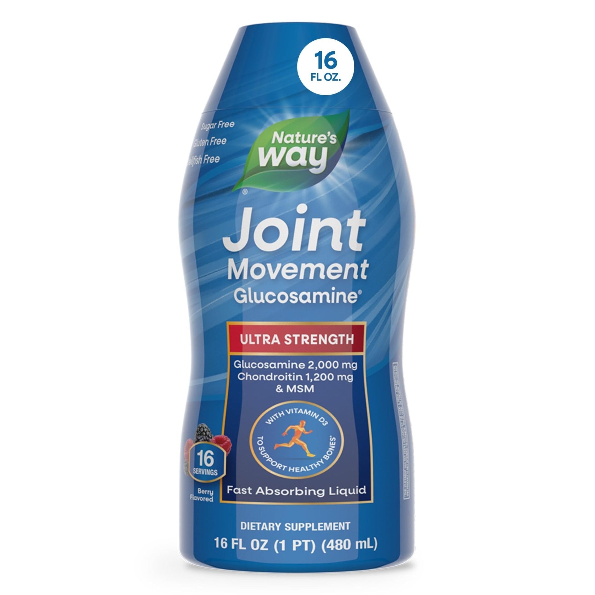 Nature's Way Joint Movement Glucosamine Fast Absorbing Liquid, Ultra Strength, Supports Healthy Bones*, Liquid Glucosamine Chondroitin, MSM with Vitamin D3, Berry Flavored, 16 Fl Oz - Maple Wellness Supplements