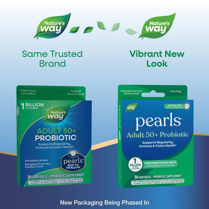 Nature's Way Pearls Adult 50+ Probiotic, Probiotics for Digestive Health* Supports Regularity, Immune & Colon Health*, 1 Billion Cultures, No Refrigeration Needed, 30 Softgels - Maple Wellness Supplements