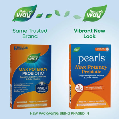 Nature's Way Pearls Max Potency Probiotic for Men and Women, Supports Digestive, Immune, Colon Health*, 5 Billion Live Cultures, No Refrigeration Required, 30 Softgels - Maple Wellness Supplements