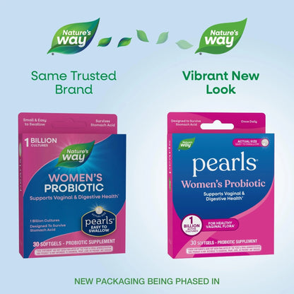 Nature's Way Pearls Women's Probiotic, Supports Women's and Digestive Health*, Protects Against Occasional Constipation & Bloating*, 1 Billion Live Cultures, 30 Softgels (Packaging May Vary) - Maple Wellness Supplements