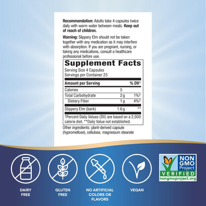Nature’s Way Slippery Elm Bark Capsules, Traditional Digestive Support to Soothe Gastrointestinal Tract*, 1,600 mg per 4-Capsule Serving - Maple Wellness Supplements