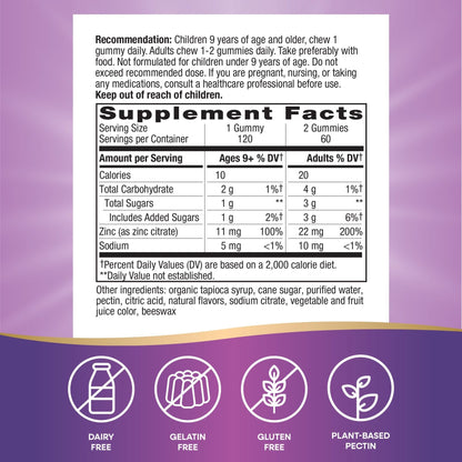 Nature's Way Zinc Gummies, Adult & Kids 9+ Immune Support Gummies*, 100% Daily Value per Serving, Mixed Berry Flavor, 120 Chews - Maple Wellness Supplements