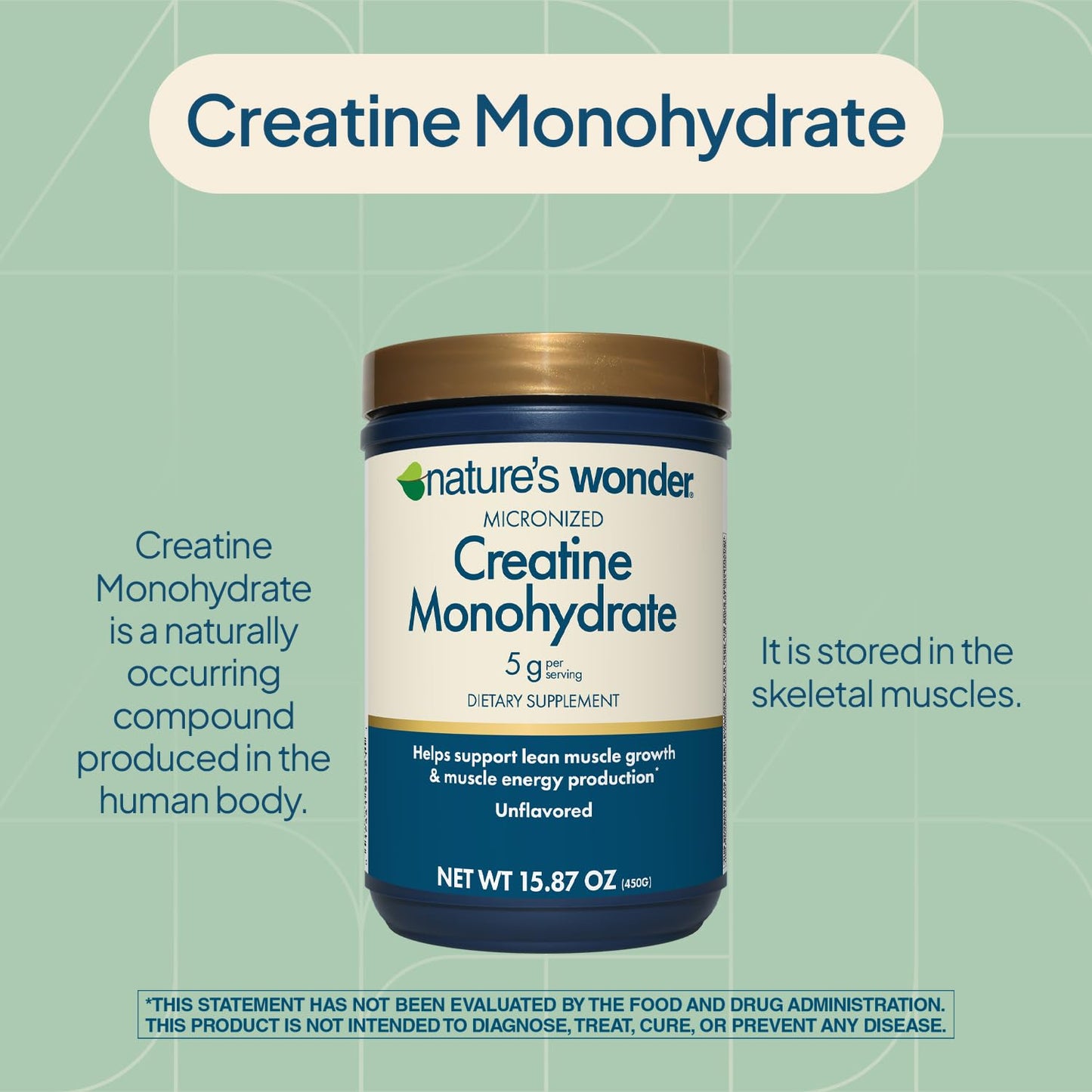Nature's Wonder Micronized Creatine Monohydrate Powder 5g, Muscle Health, Muscle Energy Production, No Lactose, 5g of Micronized creatine Powder per Serving, 450G, 90 Servings - Maple Wellness Supplements