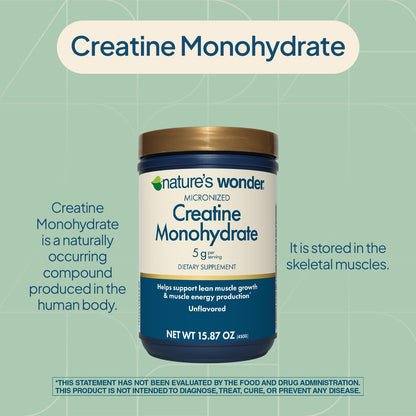 Nature's Wonder Micronized Creatine Monohydrate Powder 5g, Muscle Health, Muscle Energy Production, No Lactose, 5g of Micronized creatine Powder per Serving, 450G, 90 Servings - Maple Wellness Supplements