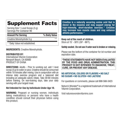 Nature's Wonder Micronized Creatine Monohydrate Powder 5g, Muscle Health, Muscle Energy Production, No Lactose, 5g of Micronized creatine Powder per Serving, 450G, 90 Servings - Maple Wellness Supplements
