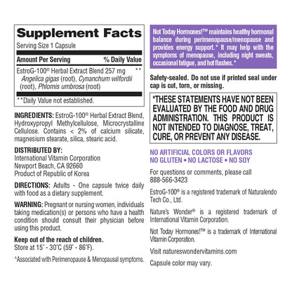 Nature's Wonder Not Today Hormones Perimenopause and Menopause Support Supplement for Women with Estro-G100, Supports Hot Flashes and Night Sweats 60 Vegetarian Capsules, 60 Day Supply - Maple Wellness Supplements