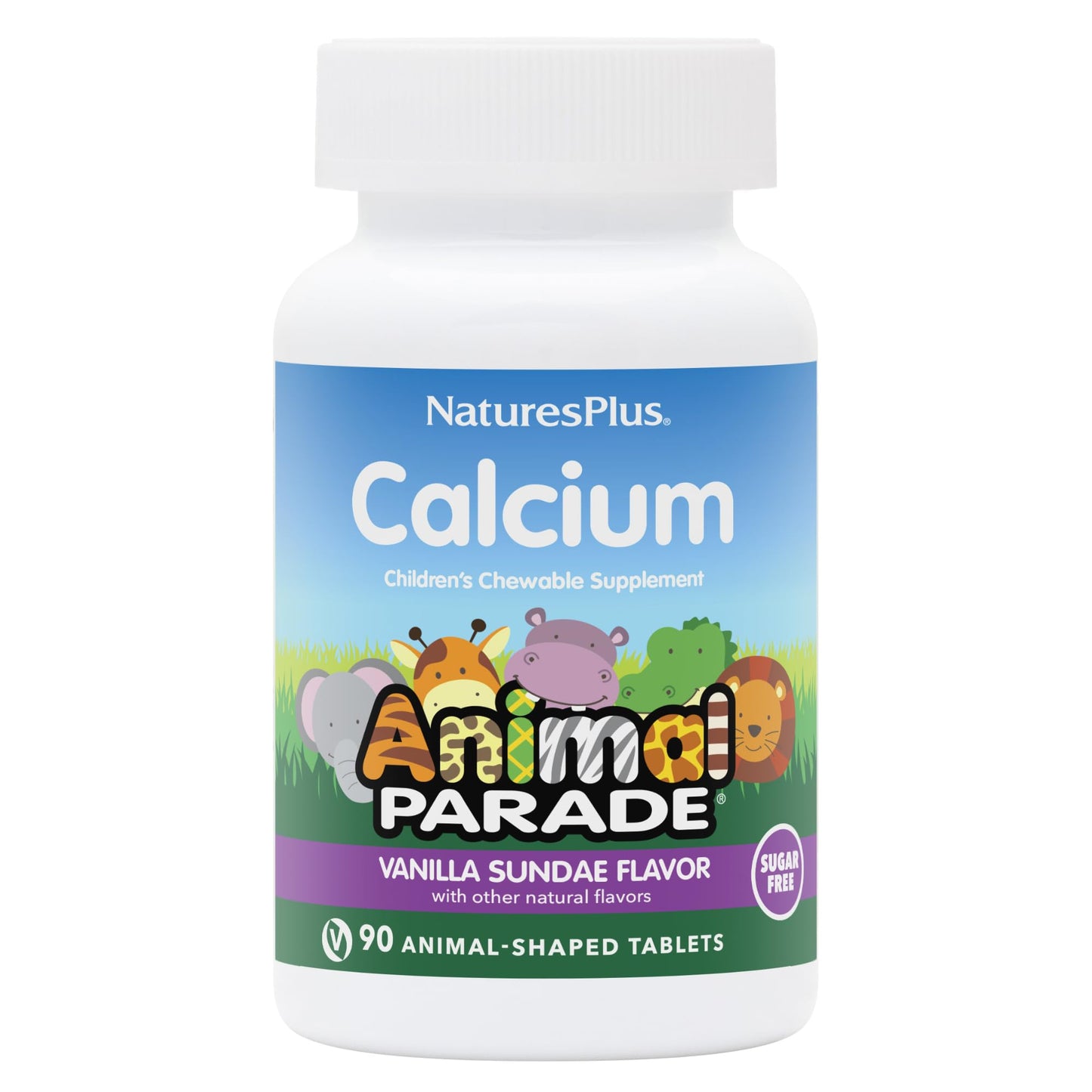 NaturesPlus Animal Parade Sugar-Free Children's Calcium, Vanilla Sundae Flavor - 90 Chewable Animal Shaped Tablets, Pack of 2 - Magnesium for Bone Health - Gluten Free - 90 Servings - Maple Wellness Supplements