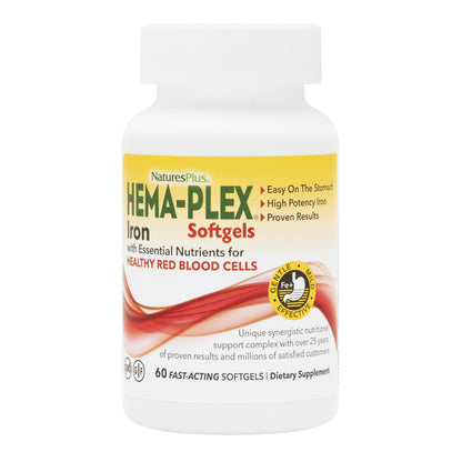 NaturesPlus Hema-Plex Iron - 60 Fast-Acting Softgels - 85 mg Iron + Vitamin C & Bioflavonoids for Healthy Red Blood Cells - Maple Wellness Supplements
