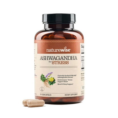 NatureWise Ashwagandha for Stress - With KSM-66 Extract, GABA, L-Theanine, Rhodiola Rosea - Herbal Mood & Sleep Support - Vegan, Non-GMO, Gluten-Free - 60 Capsules[1-Month Supply] - Maple Wellness Supplements