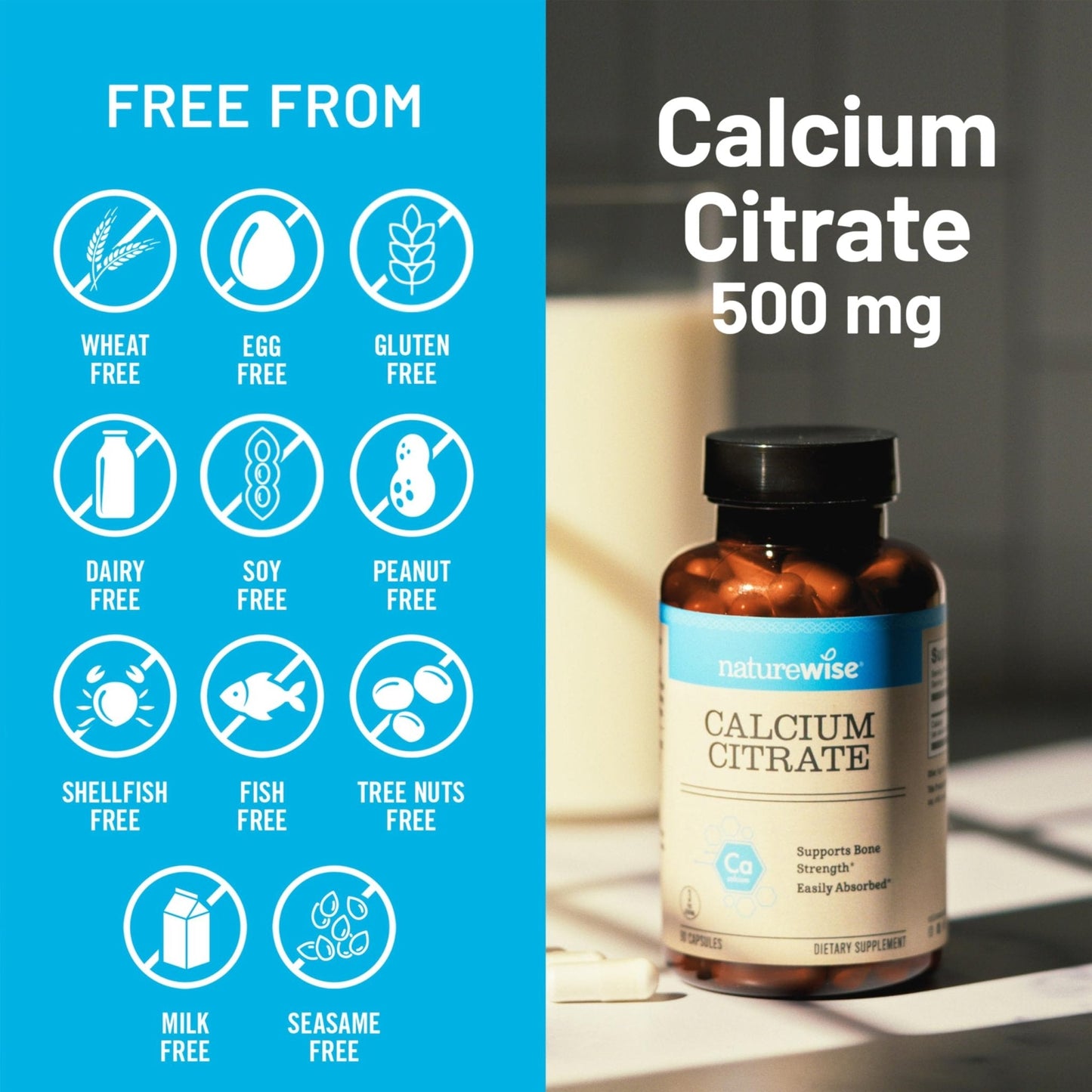 NatureWise Calcium Citrate 500mg Capsules - Supplement for Bone Health - Easy to Digest & Absorb - Vegan, Non-GMO - Maple Wellness Supplements