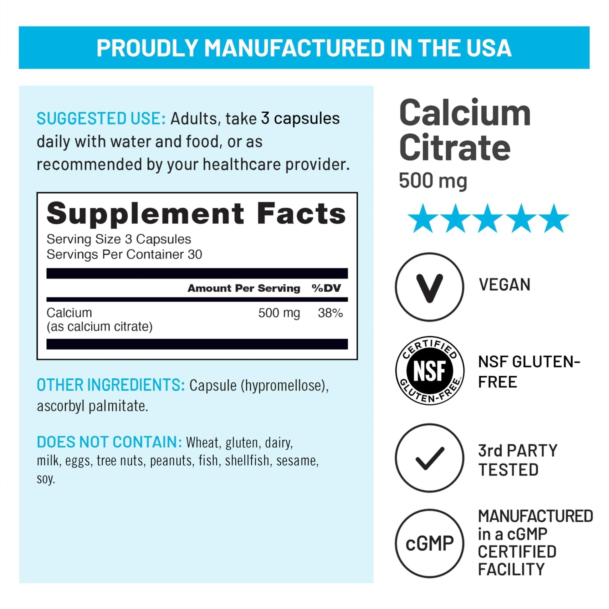 NatureWise Calcium Citrate 500mg Capsules - Supplement for Bone Health - Easy to Digest & Absorb - Vegan, Non-GMO - Maple Wellness Supplements