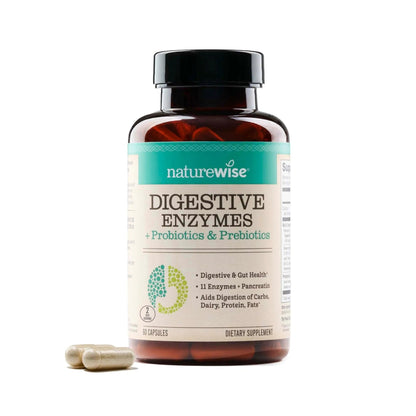 NatureWise Digestive Enzymes - Multi Enzymes with Probiotics + Prebiotics - Post Mealtime Comfort & Bloating Support + Aids Digestion and Gut Health - Soy-Free, Non-GMO - 60 Capsules[1-Month Supply] - Maple Wellness Supplements