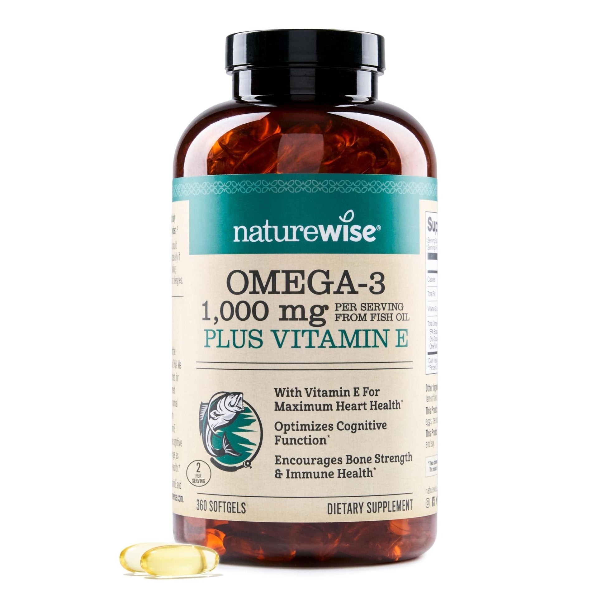 NatureWise Extra-Strength Omega 3 Fish Oil Supplement - 1000mg per Serving - 600 EPA & 400 DHA and Vitamin E - Support for Heart & Brain Health - Lemon Flavor - Maple Wellness Supplements