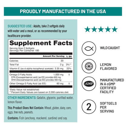 NatureWise Extra-Strength Omega 3 Fish Oil Supplement - 1000mg per Serving - 600 EPA & 400 DHA and Vitamin E - Support for Heart & Brain Health - Lemon Flavor - Maple Wellness Supplements