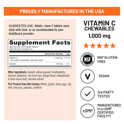 NatureWise Extra Strength Vitamin C Chewable 1000mg for Adults - Natural Orange Flavor - Immune System & Antioxidant Support - Non-GMO - Maple Wellness Supplements