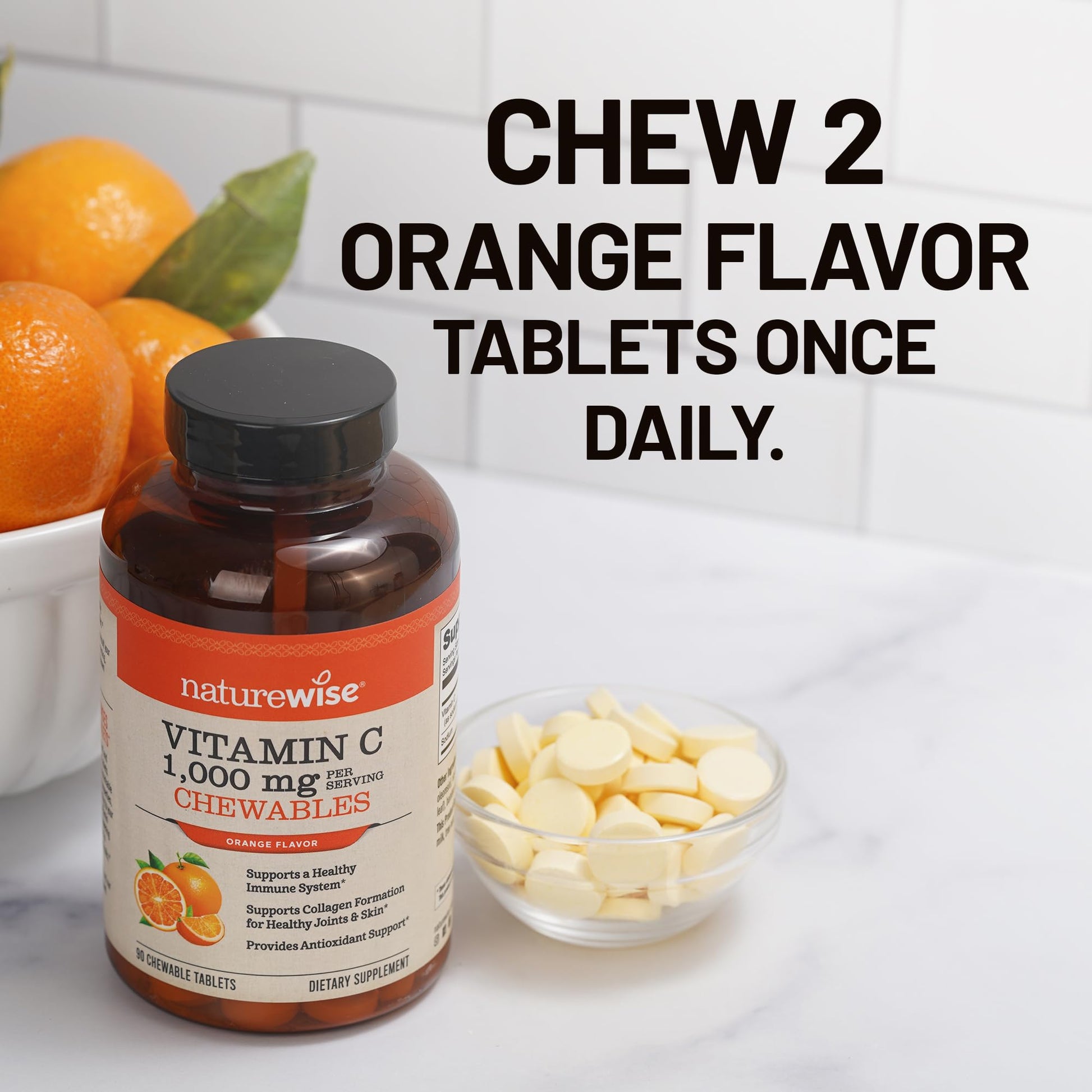 NatureWise Extra Strength Vitamin C Chewable 1000mg for Adults - Natural Orange Flavor - Immune System & Antioxidant Support - Non-GMO - Maple Wellness Supplements