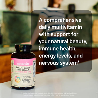 NatureWise Hair Skin and Nails Vitamin, Biotin 5000mcg w/Hyaluronic Acid, Collagen for Women with C, B Complex, D3, A, E, Iron - Maple Wellness Supplements