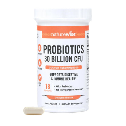 NatureWise Max Probiotics for Women & Men - 30 Billion CFU 18 Strains With Prebiotics - For Gut & Digestive Health - Delayed-Release Capsules, Gluten Free - 60 Capsules[2-Month Supply] - Maple Wellness Supplements