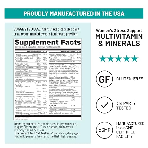 NatureWise Multivitamin for Women + Stress Support with Organic Whole Foods & Natural Minerals - B-Complex + Vitamin C + D3 K2 for Immunity, Hair, Skin & Nails - Non-GMO - 60 Capsules[30-Day Supply] - Maple Wellness Supplements