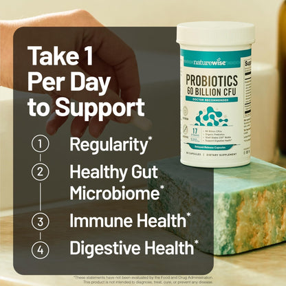 NatureWise Probiotics 60 Billion CFU - 17 Strains + Organic Prebiotics - Immune, Digestive & Gut Health Support for Women & Men - Vegetarian, Gluten-Free, - Maple Wellness Supplements