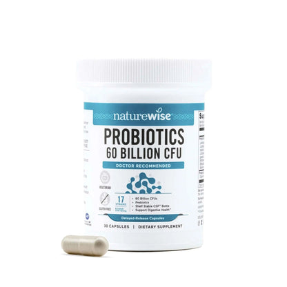 NatureWise Probiotics 60 Billion CFU - 17 Strains + Organic Prebiotics - Immune, Digestive & Gut Health Support for Women & Men - Vegetarian, Gluten-Free, Non-GMO - 30 Capsules[1-Month Supply] - Maple Wellness Supplements