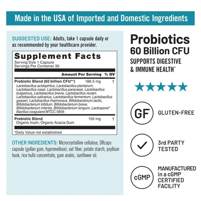 NatureWise Probiotics 60 Billion CFU - 17 Strains + Organic Prebiotics - Immune, Digestive & Gut Health Support for Women & Men - Vegetarian, Gluten-Free, Non-GMO - 30 Capsules[1-Month Supply] - Maple Wellness Supplements